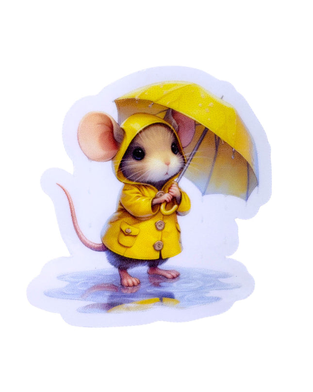 Illustration of a mouse in a yellow raincoat holding an umbrella on a white background
