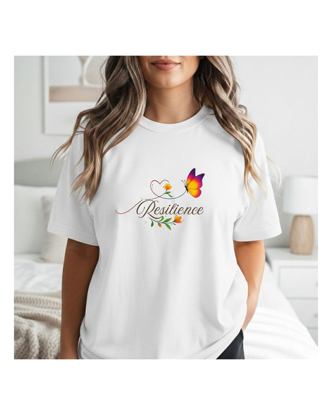 Person wearing a white t-shirt with a colorful design and the word 'Resilience' on it.