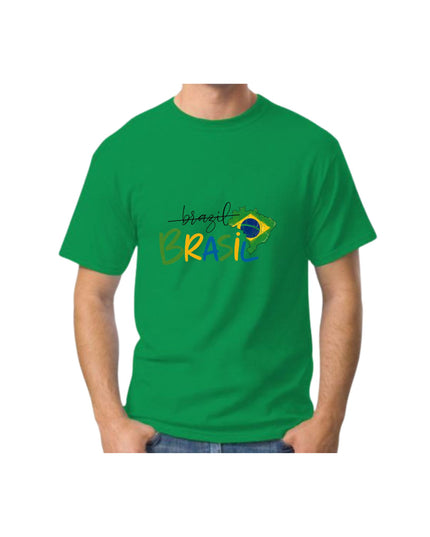 Green t-shirt with 'Brasil' text and flag design 