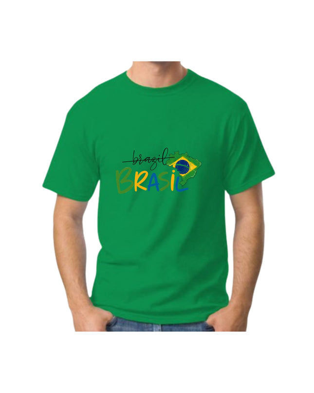 Green t-shirt with 'Brasil' text and flag design 