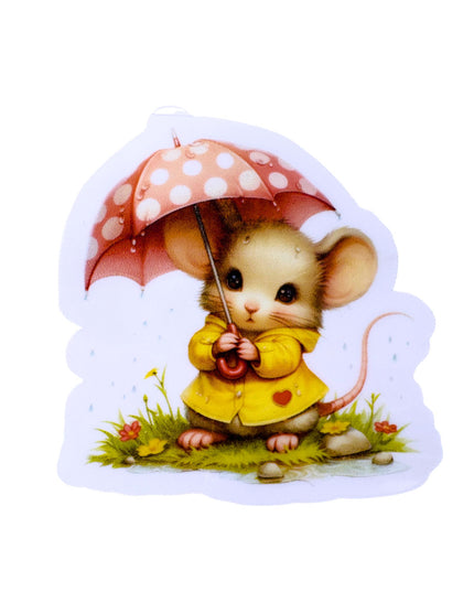 Illustration of a mouse holding a pink polka dot umbrella with a white background