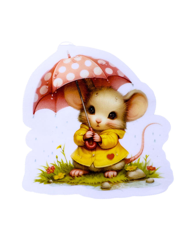 Illustration of a mouse holding a pink polka dot umbrella with a white background
