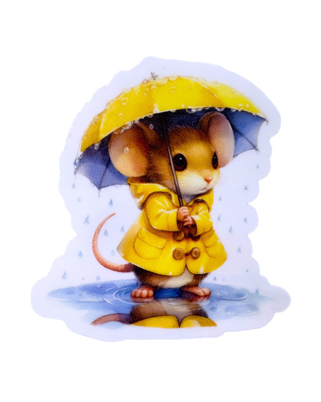 Animated mouse in a yellow raincoat and umbrella on a white background