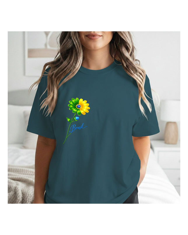  a teal t-shirt with a colorful flower design 