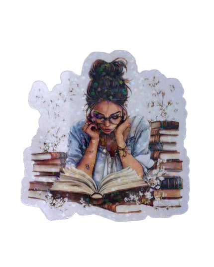 Sticker of a woman reading a book with books around her on a white background