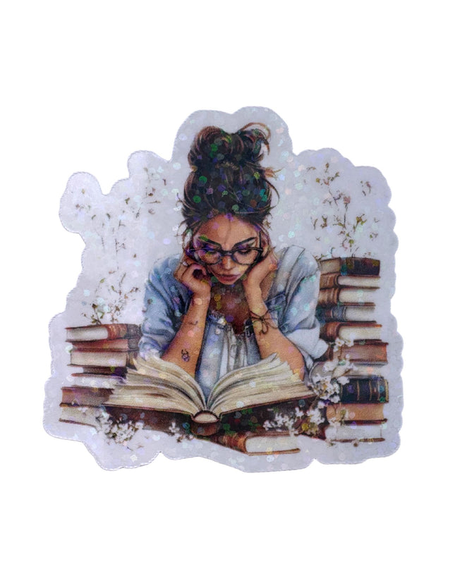 Sticker of a woman reading a book with books around her on a white background