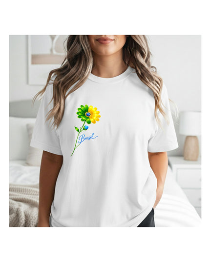 a white t-shirt with a colorful flower design and text.