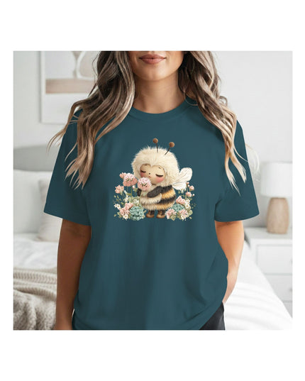 t-shirt with a cartoon character and flowers design.