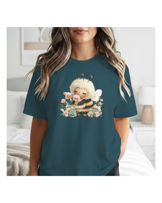 t-shirt with a cartoon character and flowers design.