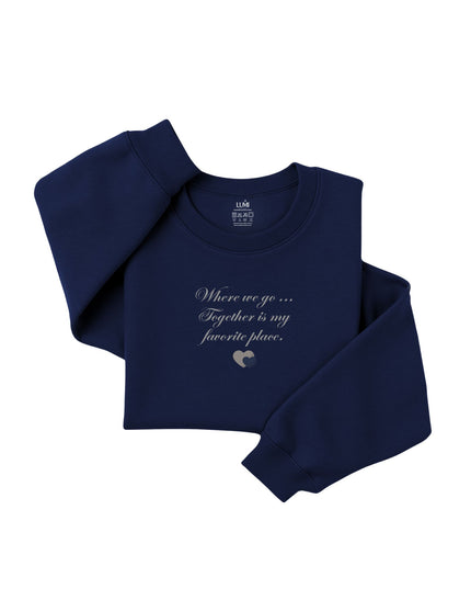 Navy blue sweatshirt with text and heart design 