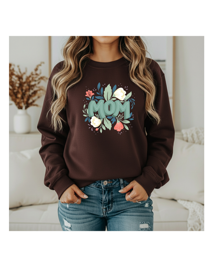 a brown sweatshirt with 'MOM' and floral designs