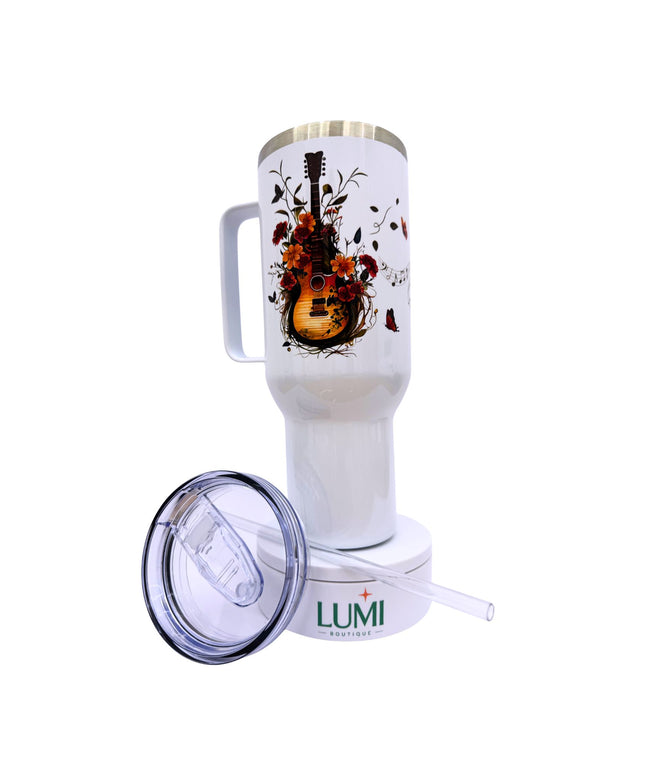 White tumbler with guitar and floral design on a white background, featuring the LUMI brand.