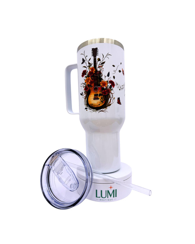White tumbler with guitar and floral design on a white background, featuring the LUMI brand.