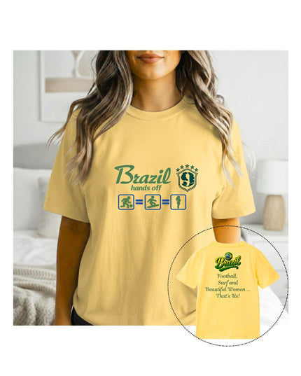 a yellow t-shirt with 'Brazil hands off' text and graphics, with a close-up inset.