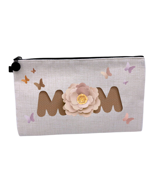 Pouch with 'MOM' and floral design on a white background