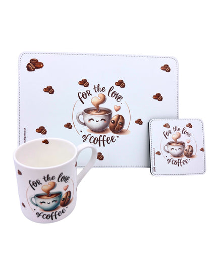 Coffee-themed mug, coaster, and placemat set with 'For the Love of Coffee' text.