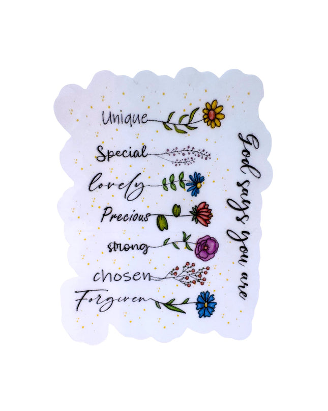 Decorative sticker with motivational phrases and floral designs on a white background