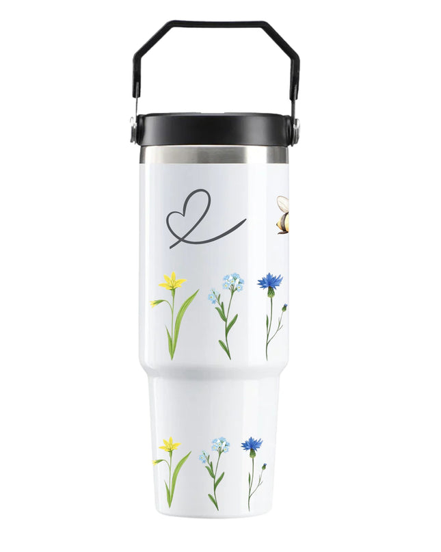 White tumbler with floral designs and a heart symbol on a white background
