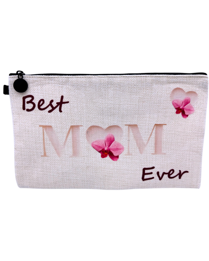 Pouch with 'Best Mom Ever' text and pink hearts on a white background