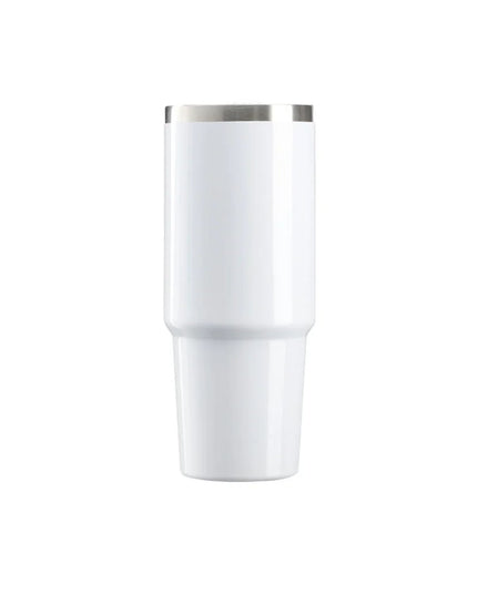 White tumbler with a silver rim on a white background