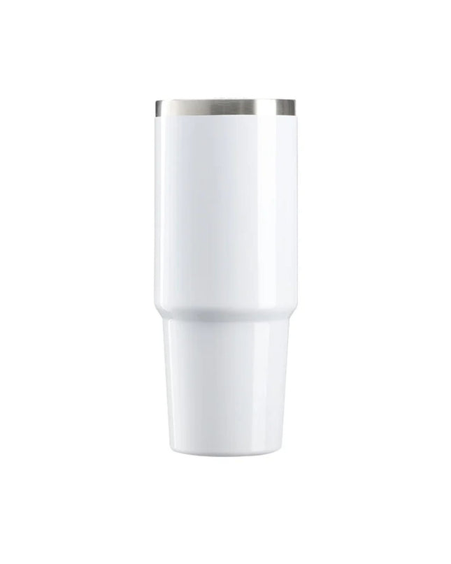 White tumbler with a silver rim on a white background