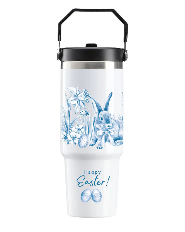 White tumbler with Easter design featuring a rabbit and flowers on a white background