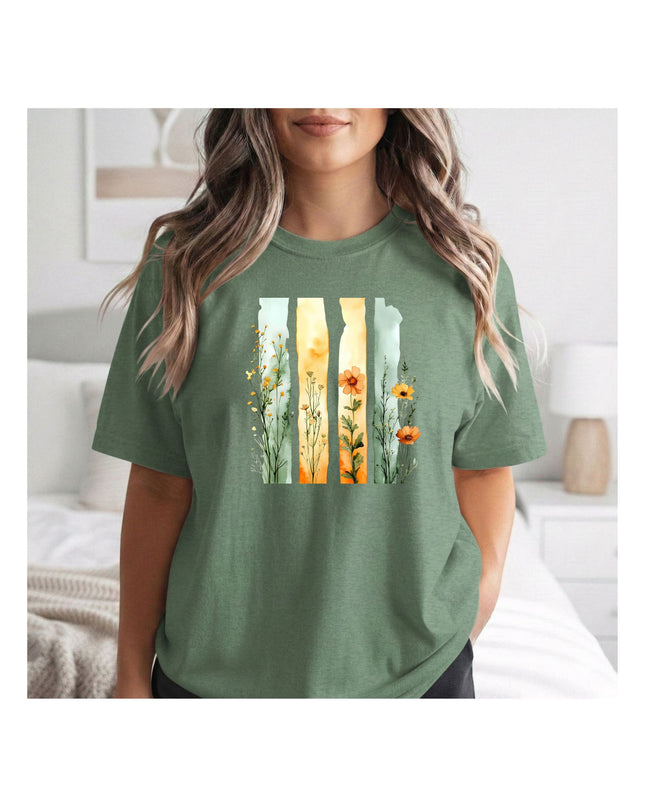 a green t-shirt with a floral design.