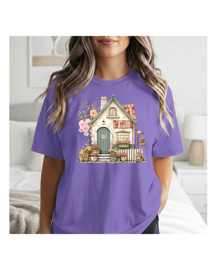  a purple t-shirt with a house graphic