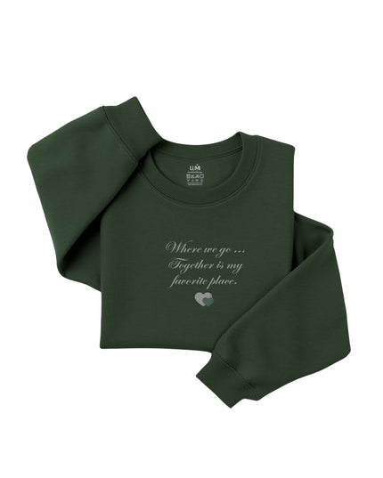 Green sweatshirt with text and heart design 