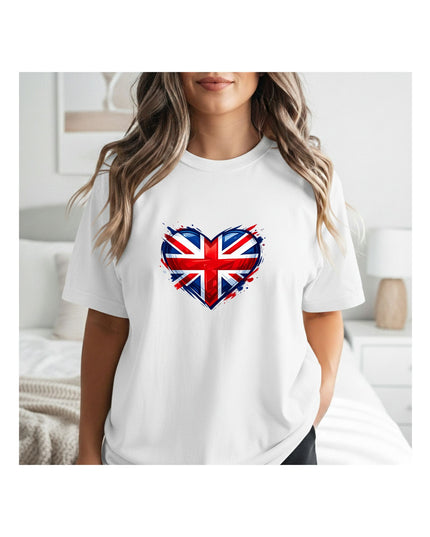  a white t-shirt with a heart-shaped British flag design.