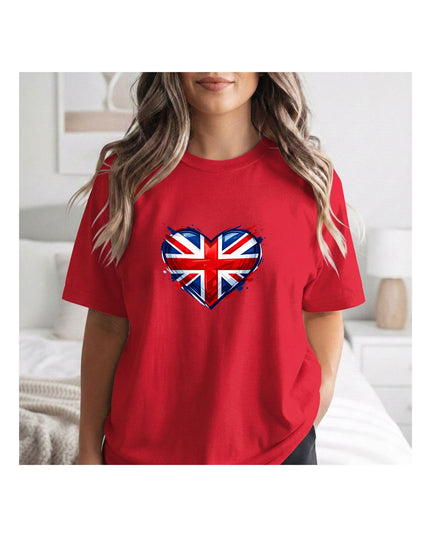  a red t-shirt with a heart-shaped British flag design.