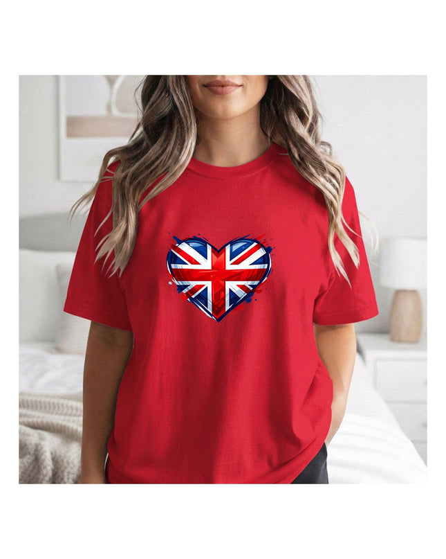  a red t-shirt with a heart-shaped British flag design.