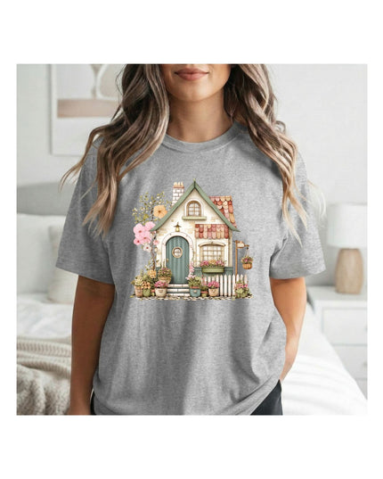  a gray t-shirt with a house and flower design 