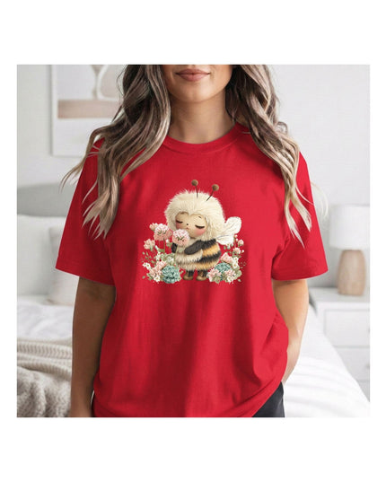 a red t-shirt with a cartoon bee design 