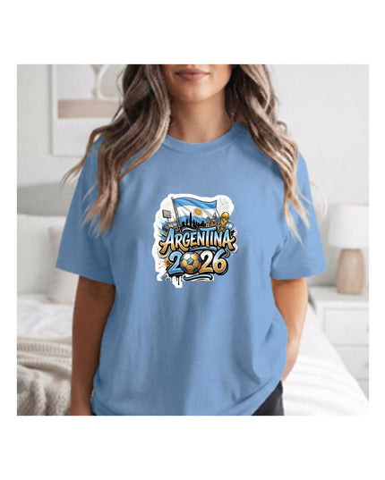  a blue t-shirt with 'Argentina 2026' graphic