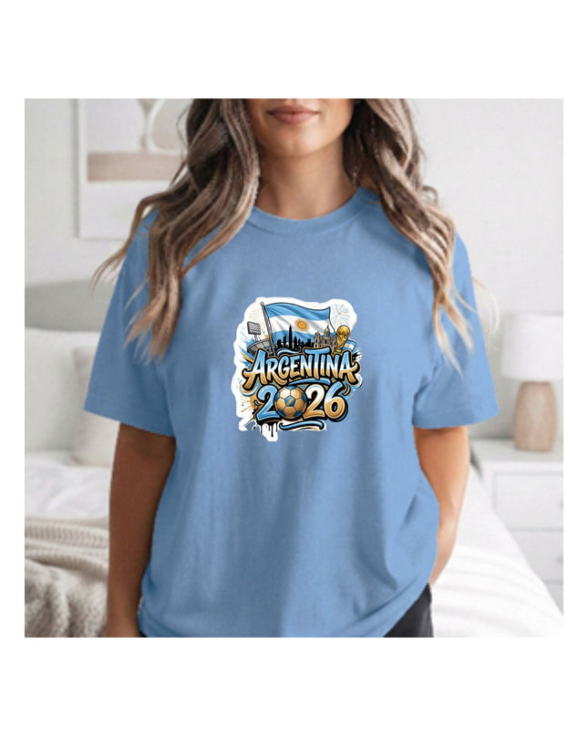  a blue t-shirt with 'Argentina 2026' graphic