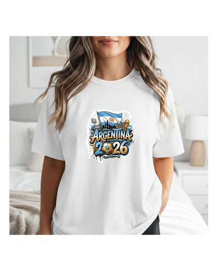  a white t-shirt with 'Argentina 2026' graphic design.