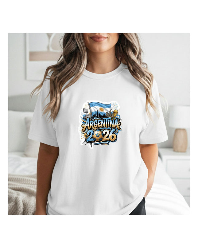  a white t-shirt with 'Argentina 2026' graphic design.