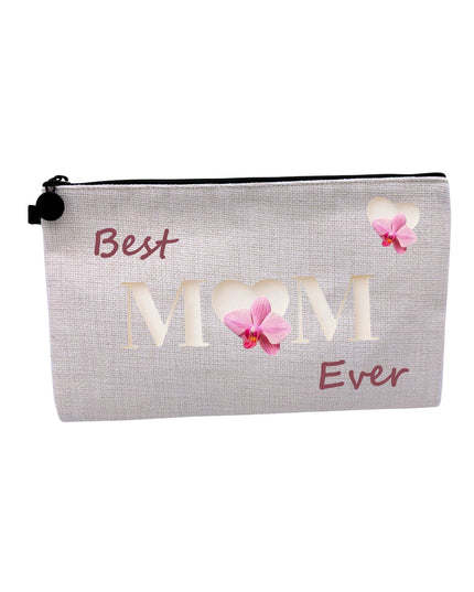 Pouch with 'Best Mom Ever' text and floral designs on a white background