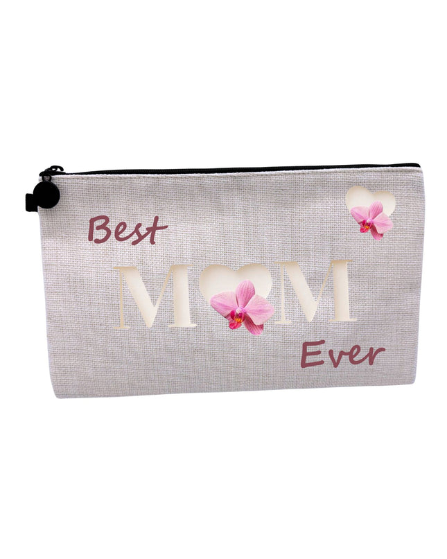Pouch with 'Best Mom Ever' text and floral designs on a white background