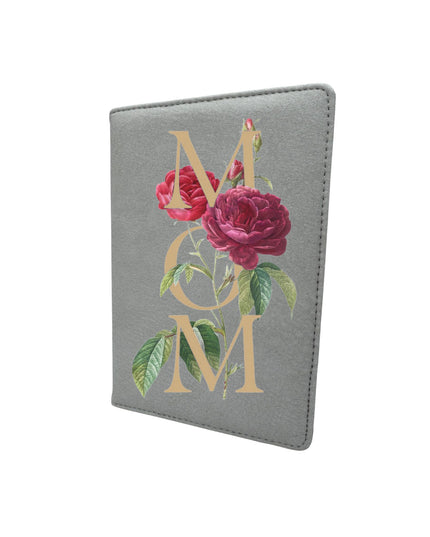 Gray passport holder with pink roses and 'MOM' text on a white background