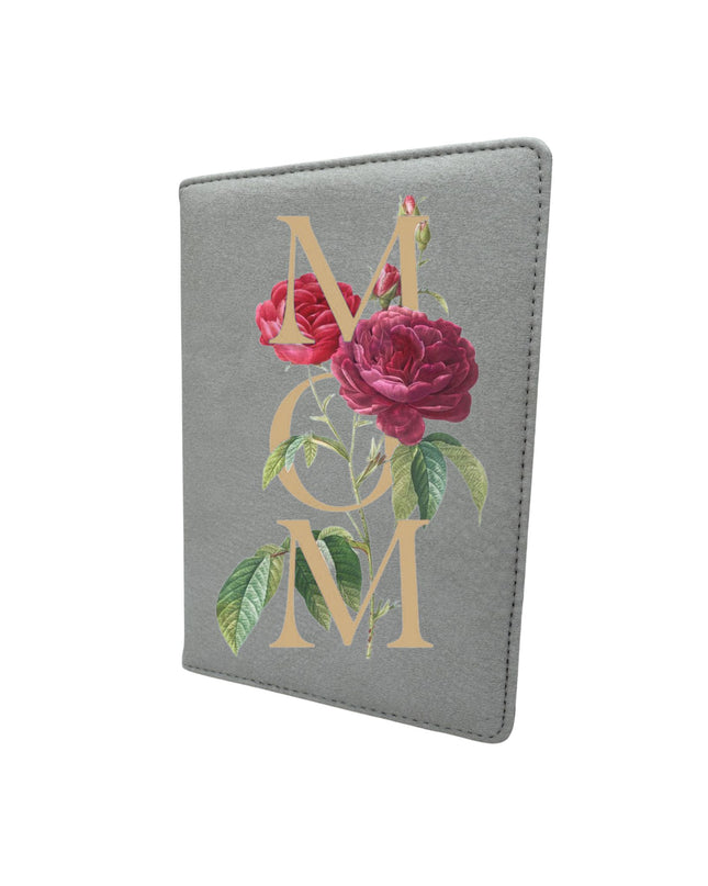 Gray passport holder with pink roses and 'MOM' text on a white background