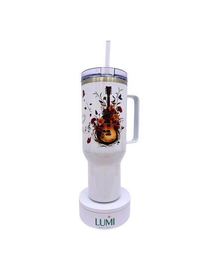 White tumbler with guitar design and LUMI branding on a white background