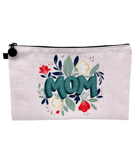 Pouch with 'MOM' and floral design on a white background