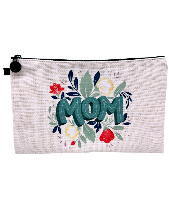 Pouch with 'MOM' and floral design on a white background