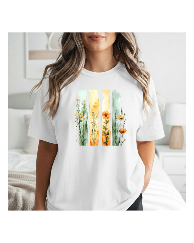  a white t-shirt with a floral design.