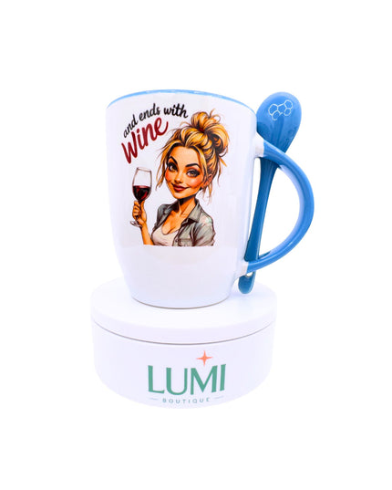 Mug with a design of a woman holding a glass of wine, text 'and ends with Wine', and a blue handle on a white background. Lumi Boutique logo visible.