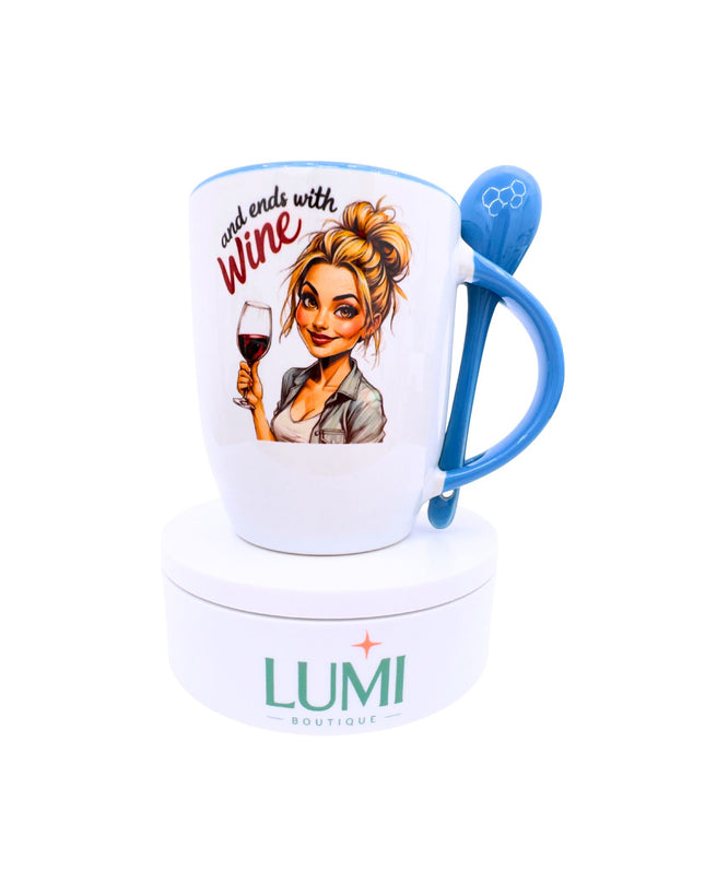 Mug with a design of a woman holding a glass of wine, text 'and ends with Wine', and a blue handle on a white background. Lumi Boutique logo visible.