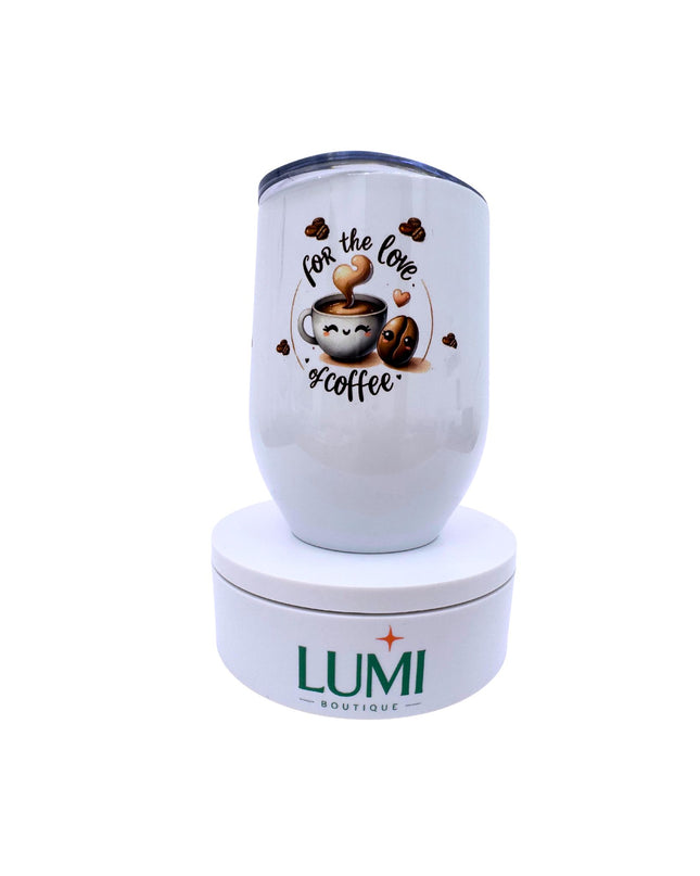 White tumbler with coffee-themed design and LUMI Boutique branding on a white background