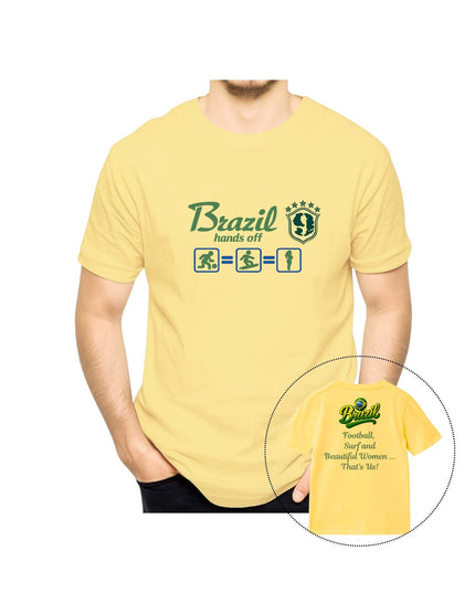Yellow t-shirt with 'Brazil hands off' graphic and text 